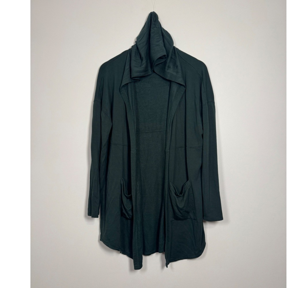 Earthy Layering Double Zero Hooded Open Front Cardigan Women Medium Forest Green